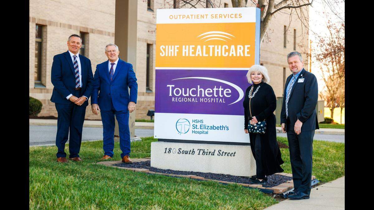 This photo accompanied an announcement Thursday that SIHF Healthcare is expanding services in Belleville. Pictured are, left to right, Chris Klay, president and CEO of St. Elizabeth’s Hospital in O’Fallon and Hospital Sisters Health System Southern Illinois Market.; Larry McCulley, president and CEO of SIHF Healthcare; Belleville Mayor Patty Gregory; and Brad Goacher, president of Touchette Regional Hospital in Cahokia Heights.
