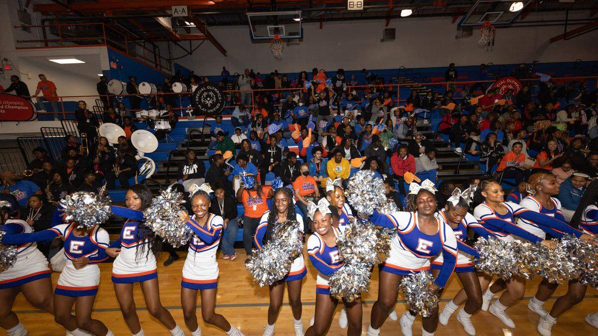 Cheerleaders at East St. Louis Senior High perform a routine during an assembly for a National Unified Champion Award presentation on March 14, 2024.