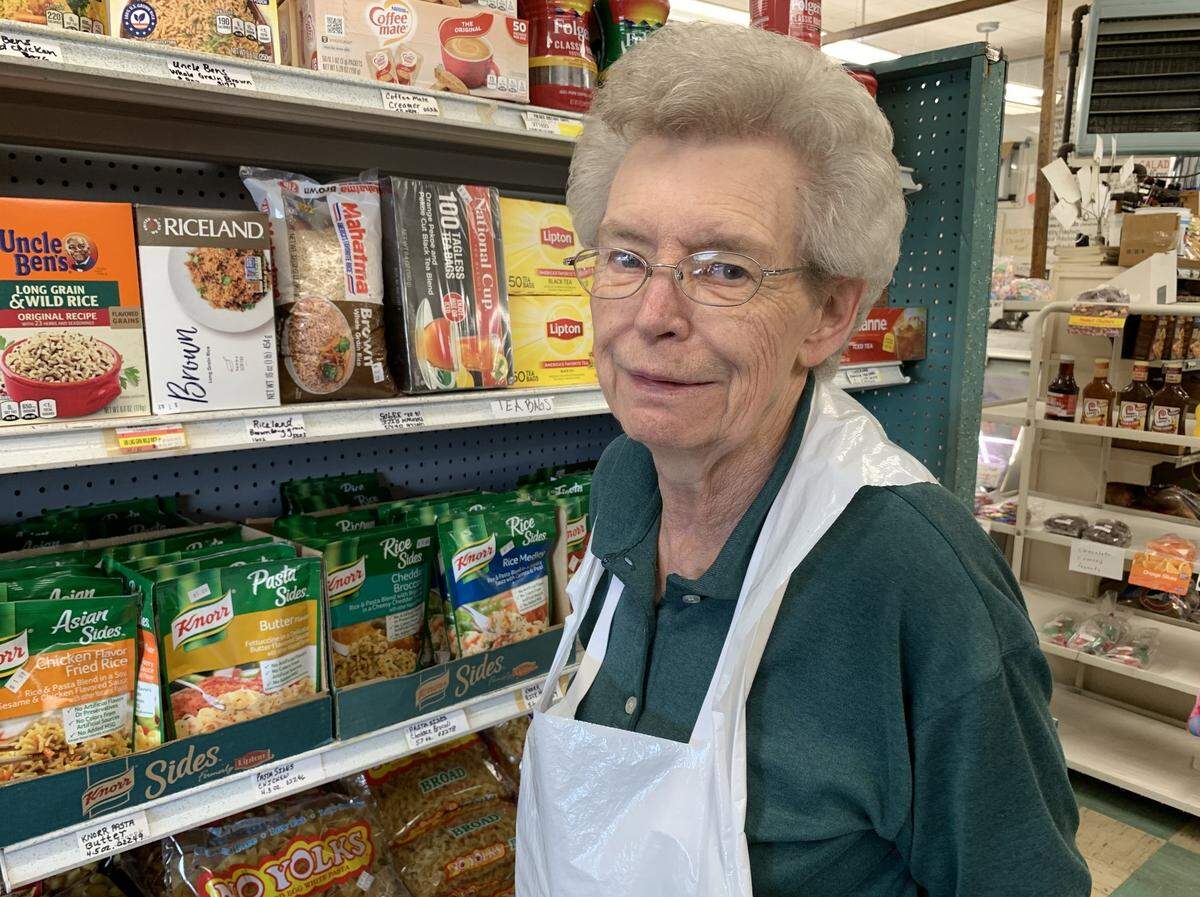 Mary Ellen Huelsmann, 78, is one of two employees who have worked 44 years at Hellige’s Super Market & Lockers in Breese.