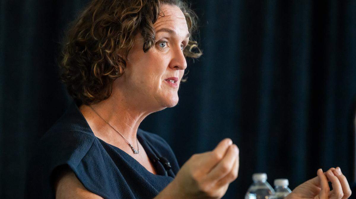 Former U.S. Rep. Katie Porter speaks during a CalAsian-sponsored gubernatorial candidates forum at the Citizen Hotel on Wednesday, April 8, 2026, in Sacramento. When it comes to hostility to women in California politics, who is to blame?