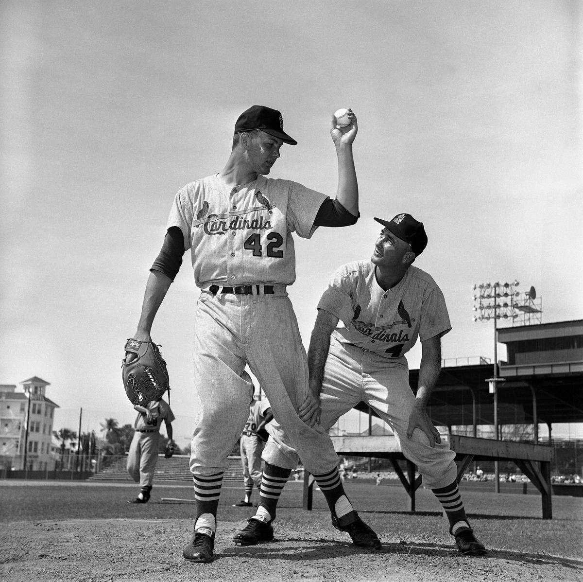 St. Louis Cardinals pitching coach Howie Pollet gives Larry Jaster some instructions in April 1963. (AP Photo/Harry Harris)