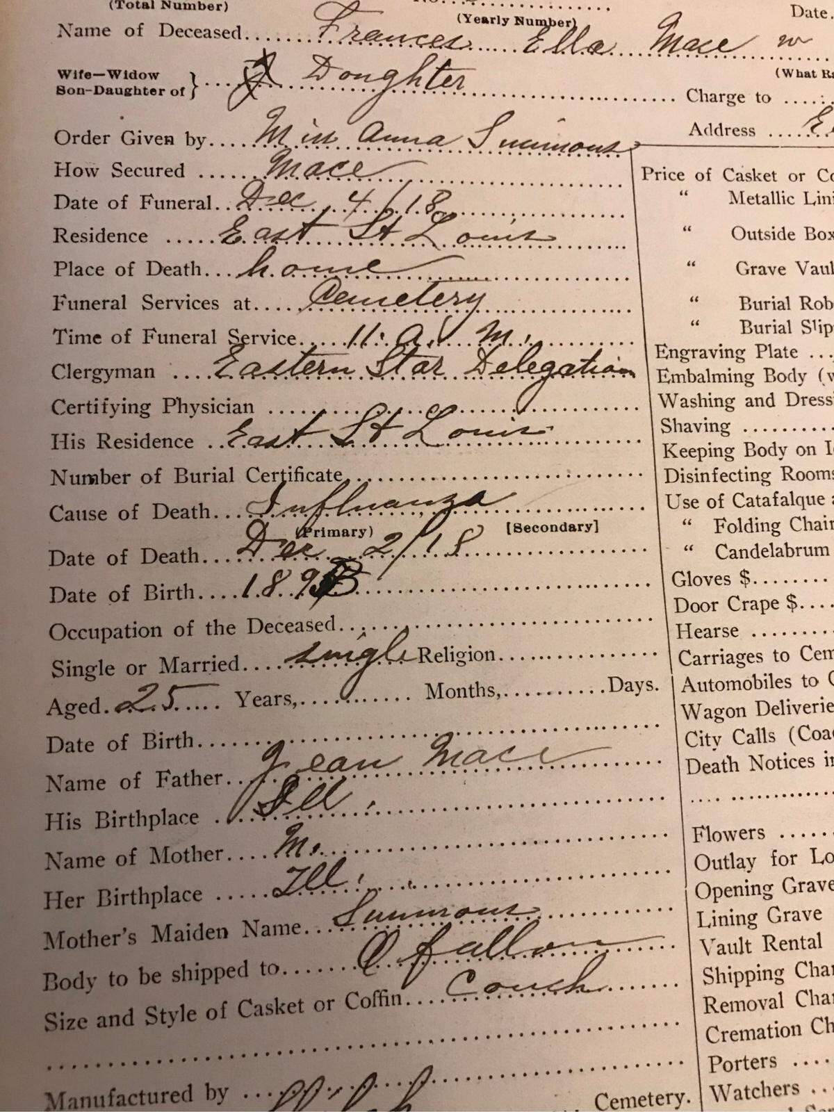 Frances Ella Mace is listed in the funeral records of Schwarz Undertaking and Furniture. Her cause of death in Dec. 1918 was influenza.