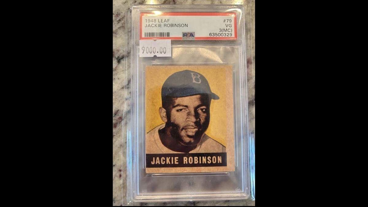 This is the Jackie Robinson rookie baseball card that was stolen from Collector’s Corner in Belleville on Tuesday and found in a resale store in Missouri on Wednesday. The card is listed for $9,000.