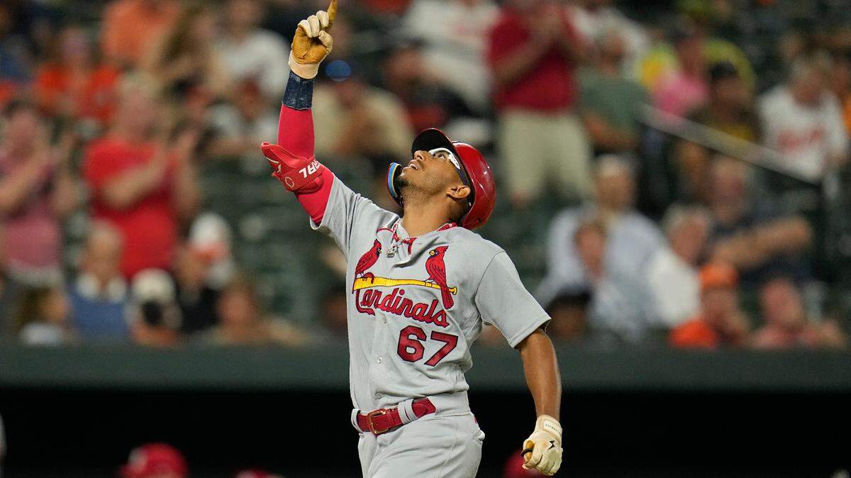 St. Louis Cardinals’ Richie Palacios gestures while running the bases after hitting a solo home run off Baltimore Orioles relief pitcher Jorge Lopez in the seventh inning of a baseball game, Tuesday, Sept. 12, 2023 in Baltimore. The Cardinals won 5-2. (AP Photo/Julio Cortez)