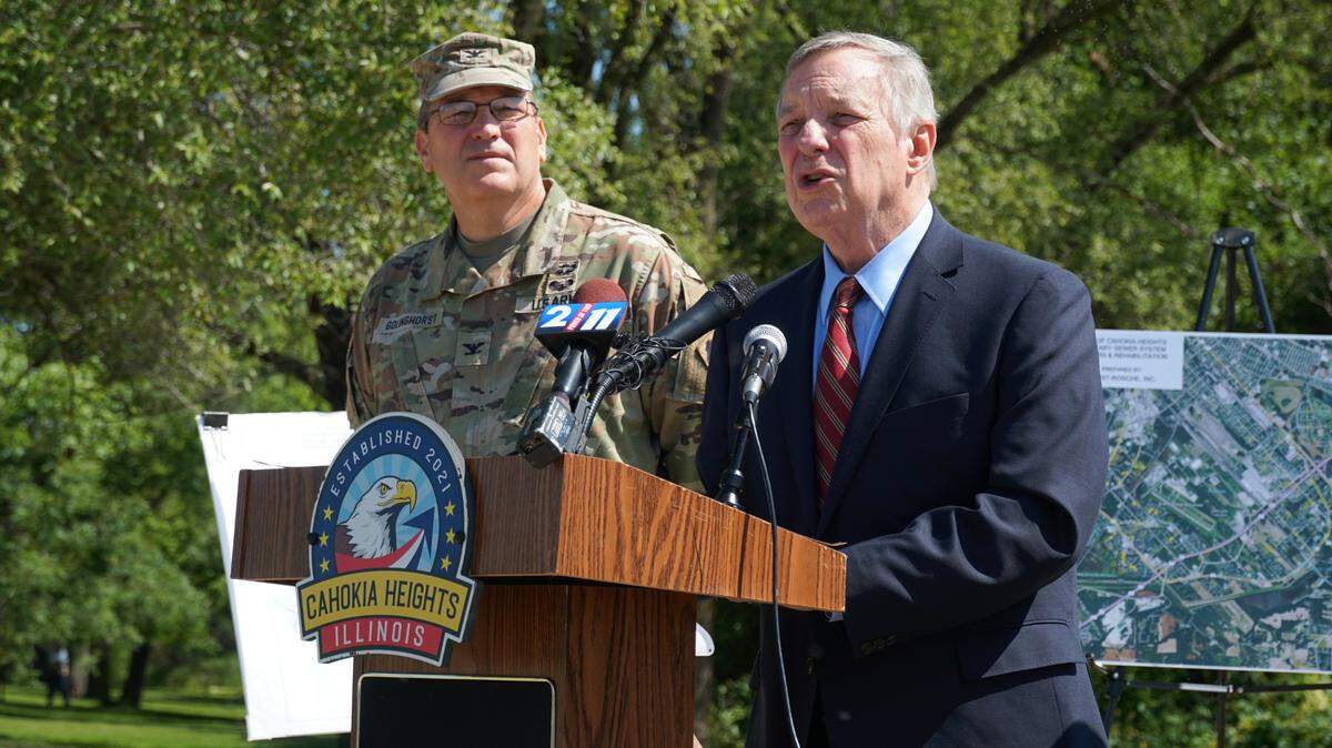 Sen. Dick Durbin, D-Illinois, discusses federal funding for Cahokia Heights and its ongoing sewer repair projects in May 2023. He announced Wednesday that he would not seek another term in office.