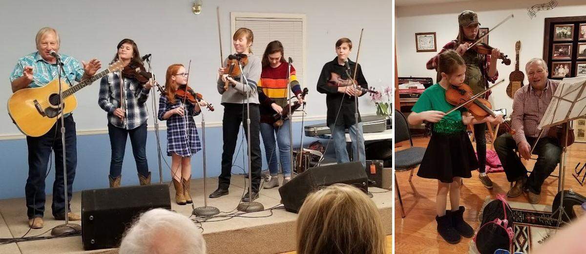 George Portz is shown with young fiddle students at the Pappy Wade Ray Fiddle Contest and Bluegrass Show in Sparta in the mid-2010s, left, and in his home music studio in Shiloh.