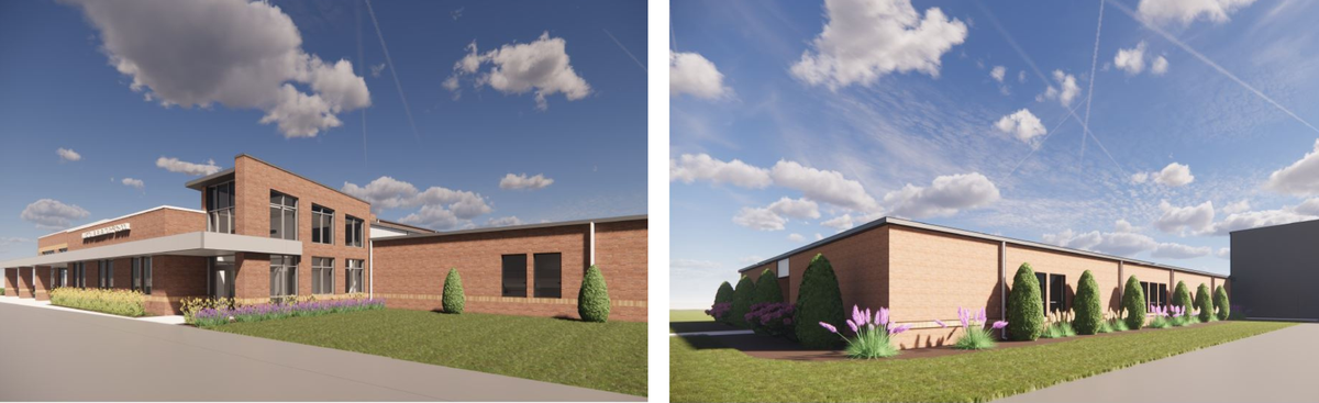 These renderings from FGM Architects show the main entrance on the east side of the building that will have the expanded cafeteria and administrative offices (left) and the classroom addition on the west side (right).