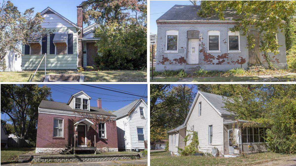 Four of 17 homes in Belleville that the city is preparing to demolish include those at 26 N. Missouri St., clockwise from top left, 326-324 N. First St., 704 Caroline St. and 217 N. 12th St.