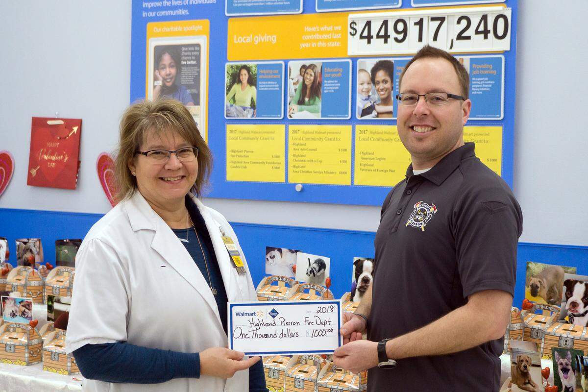 Walmart Provides $1000 Grant to Highland-Pierron Fire Department – Walmart announced a $1,000 grant to be awarded to Highland-Pierron Fire Department. The grant was presented at Highland Walmart to Captain Zack Jenny on behalf of the fire department. Marsha Elliott, Walmart Representative for Community Involvement, presented the check and organizes all of the funds donated to the community through the Highland location. Highland-Pierron Fire Department uses fundraisers, donations, and grant funds to make purchases that provide updated fire and rescue equipment as well as maintain current tools. With modern equipment and ongoing training, H.P.F.D. is as prepared as possible to uphold the mission statement to protect the lives and property of the citizens of the Highland-Pierron Fire District through fire suppression services, rescue services, pre-fire planning, and public education.