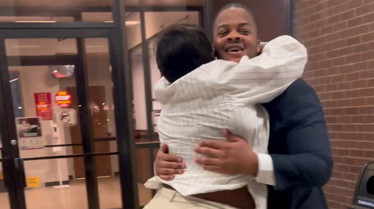 Willie L. Matthews Jr., of Belleville, hugs his mother, Lassandra Richardson, after being released from the Madison County Jail late Thursday night. A jury had just found him not guilty of murder.
