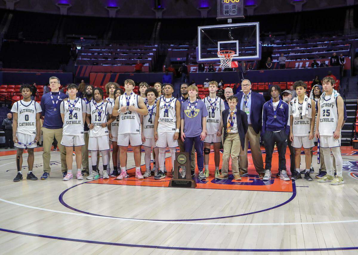 March 15, 2025 - , - Belleville Althoff finishes second in the IHSA, 2A state finals basketball tournament at the State Farm Center in Champaign. [Photo: Chris Johns]