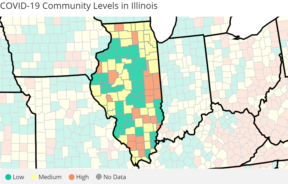 Here are the latest COVID-19 community levels in Illinois, from the U.S. Centers for Disease Control and Prevention.