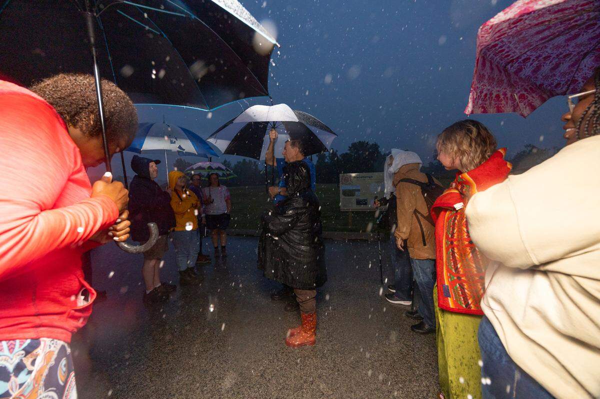 Retired archaeologist and Cahokia Mounds assistant manager Bill Iseminger spekas to a gathered crowd at a Fall Equinox observation ceremony in Cahokia Heights National Historic Site on Sept. 22, 2024.