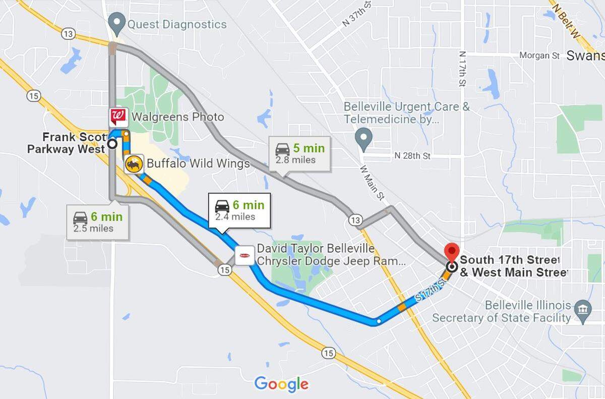 In this map, the blue and orange line shows how Belleville Crossing Street and South 17th Street can take drivers from Frank Scott Parkway West to West Main Street within a matter of minutes.