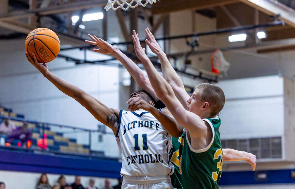Althoff’s Jerimiah Conway takes a shot while under pressure during Friday’s game against Metro-East Lutheran.