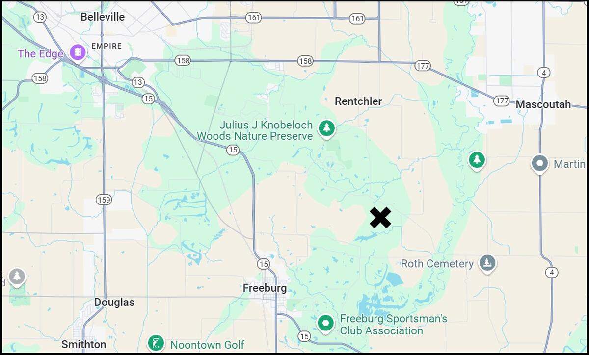 An X marks the location of George E. Hilgard American Legion Post 58, also known as the Freedom Farm. The 104-acre property includes two lakes and a hodgepodge of derelict buildings.
