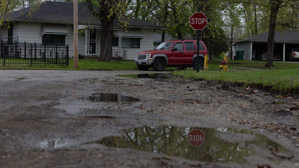 Rain collecting in Cahokia Heights, Ill. after a light rain in this April 10, 2024 file photo. Here’s what to know about the potential for flooding in the metro-east Monday.