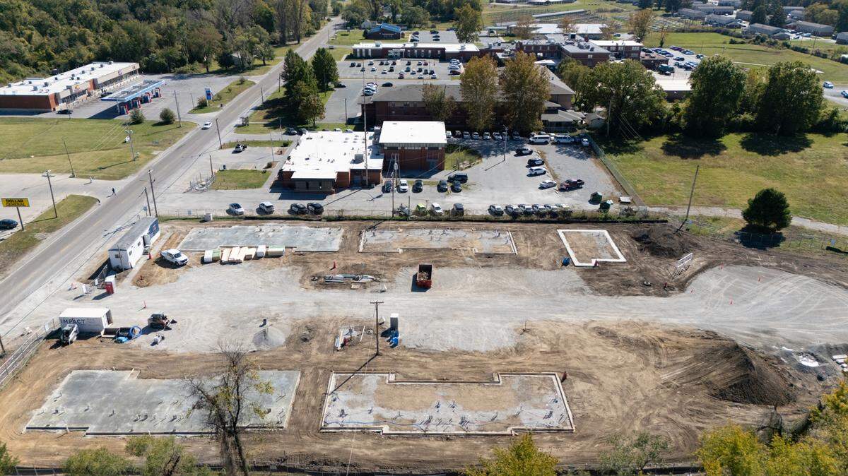 The 5700 block of Bond Avenue in Cahokia Heights is the future site of a new low-income housing development. Beyond the large site, where a row of houses once stood, is the police station and beyond that is Touchette Regional Hospital.