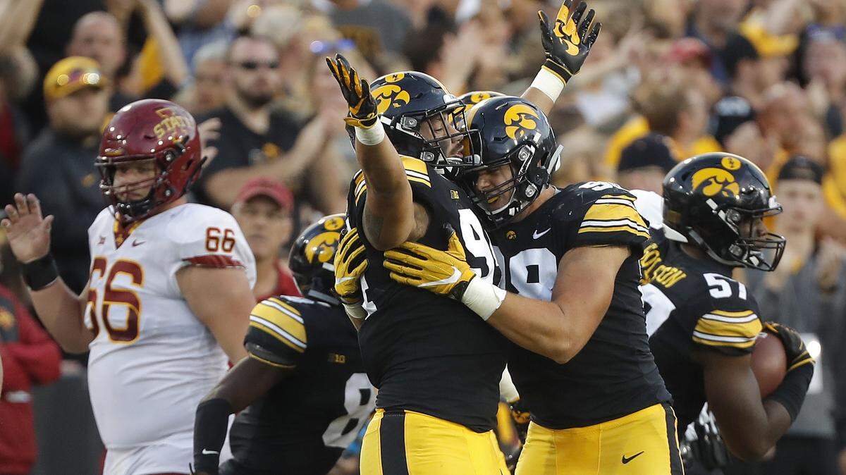 Iowa defensive end A.J. Epenesa, left, and Iowa defensive end Anthony Nelson, right, embrace after an Iowa fumble recovery during the second half of an NCAA college football game, Saturday, Sept. 8, 2018, in Iowa City, Iowa. Iowa won 13-3. (AP Photo/Matthew Putney)
