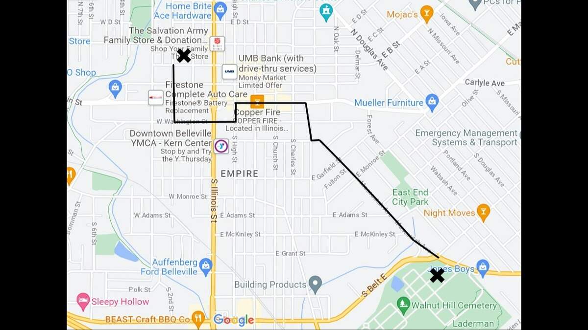 This map shows the route planned for the funeral procession of former Belleville Mayor Mark Eckert on Monday after his funeral, which begins at noon. It will go from St. Paul United Church of Christ (X at top) to Walnut Hill Cemetery (X at bottom).