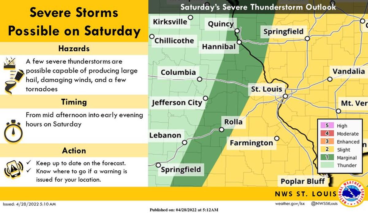 Thunderstorms are expected to develop ahead of a front during the afternoon and early evening hours Saturday. A few of these storms may become severe, capable of producing large hail, damaging winds and a few tornadoes.