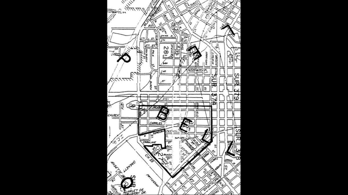 This map accompanied an ordinance that Belleville City Council approved in 1999 to rezone the “southeast quadrant” of downtown from multifamily to single-family use, along with a listing of nearly 600 parcels of land.