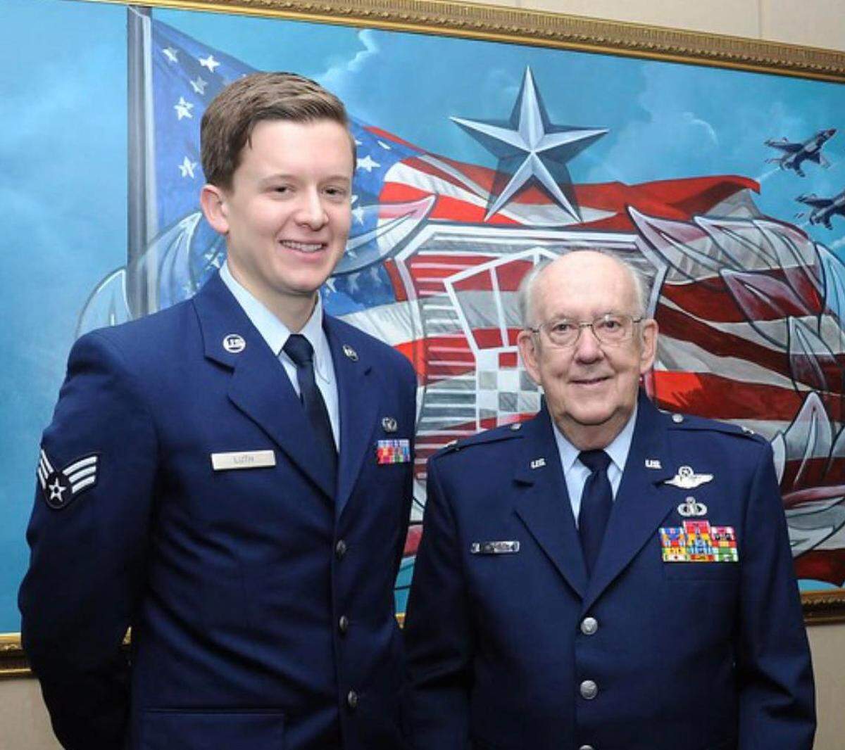 Then-Senior Airman Kiefer Luth joined his grandfather, Col. (ret.) Derrel Dempsey, at the Keesler Air Force Base ceremony to dedicate the main conference room in Cody Hall in Dempsey’s honor in March 2015.