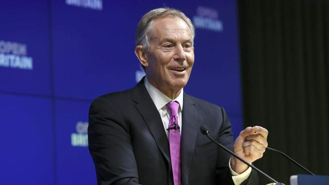 Former British Prime Minister Tony Blair makes a speech at an Open Britain event in central London, Friday Feb. 17, 2017. Blair will be awarded the Lincoln Leadership Prize by the Lincoln Presidential Library Foundation at an April 24 event in Chicago.