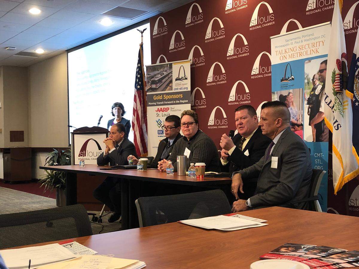 In this Nov. 16, 2018 photo, transit experts from American cities with light rail systems present on how safety and security on MetroLink could be improved.