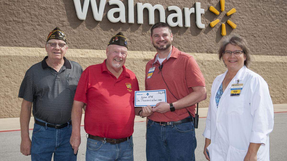 Walmart recently made a donation of $1,000 to the HIghland VFW. This donation will be used for the disabled veterans. Walmart is very generous to veterans and the community, and the VFW appreciates the donation. Pictured, left to right: David Kampwerh Post Quartermaster, Mike Voegele Post Commander, Adam Walker Manager of Walmart and Marsha Elliot Walmart representive.