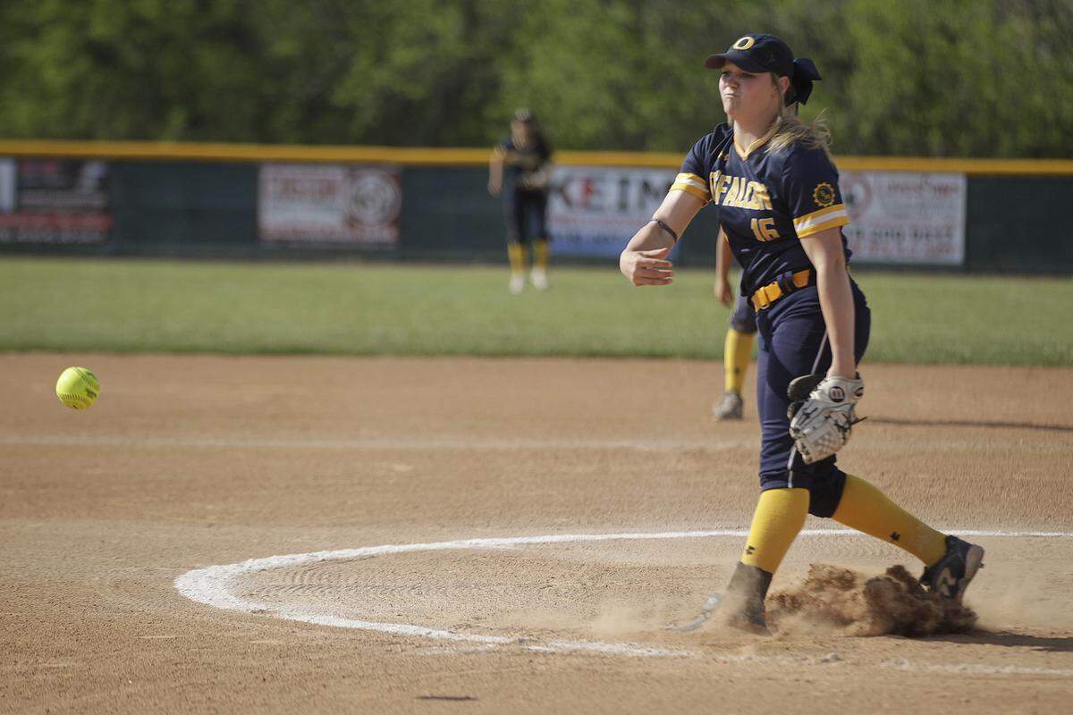O’Fallon’s Hayleigh Juenger fires a pitch in the 2018 postseason. Juenger was dominant this spring and was rewarded by being named to the all-Southwestern Conference first team.
