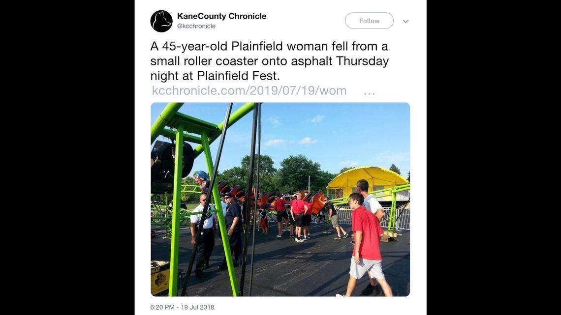 A woman fell from a roller coaster after it malfunctioned at a carnival in Illinois, police say.