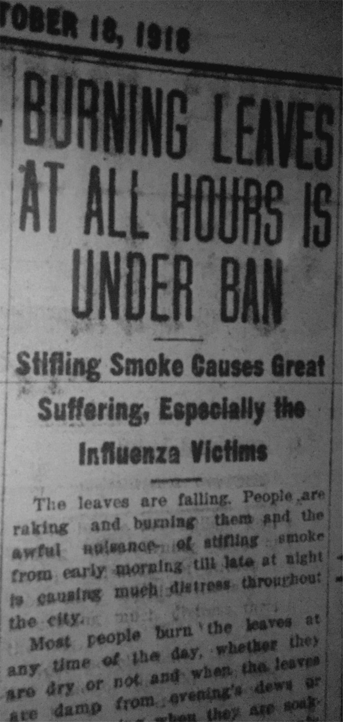 During the Spanish flu epidemic of 1918, Belleville police asked residents to burn leaves from 11 a.m. to 2 p.m.