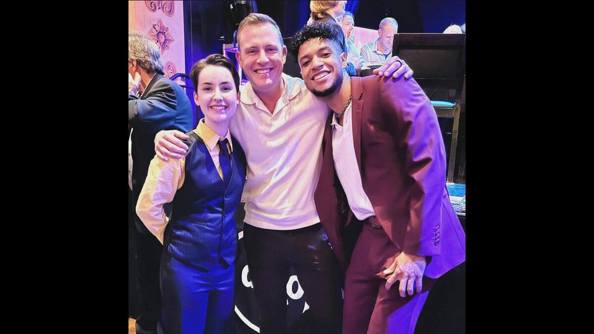 Nathanael Hirst with Belleville West teacher Nick Johnson and Belleville West student Theo Rickert at The Jimmy Awards in New York City in June. Hirst was rehearsing “Hamilton” at the time.