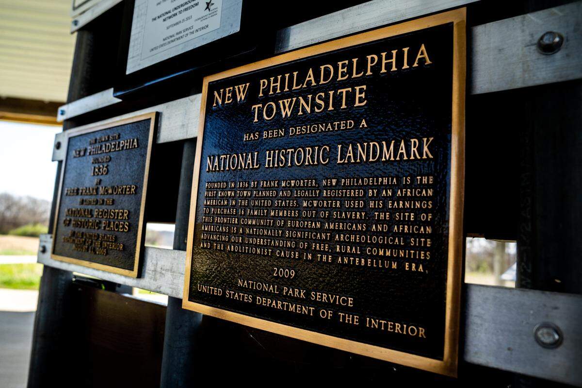 A marker from the U.S. National Park Service, pictured on Wednesday, April 12, 2023, designated New Philadelphia, Ill. in western Illinois, as a national historic landmark.