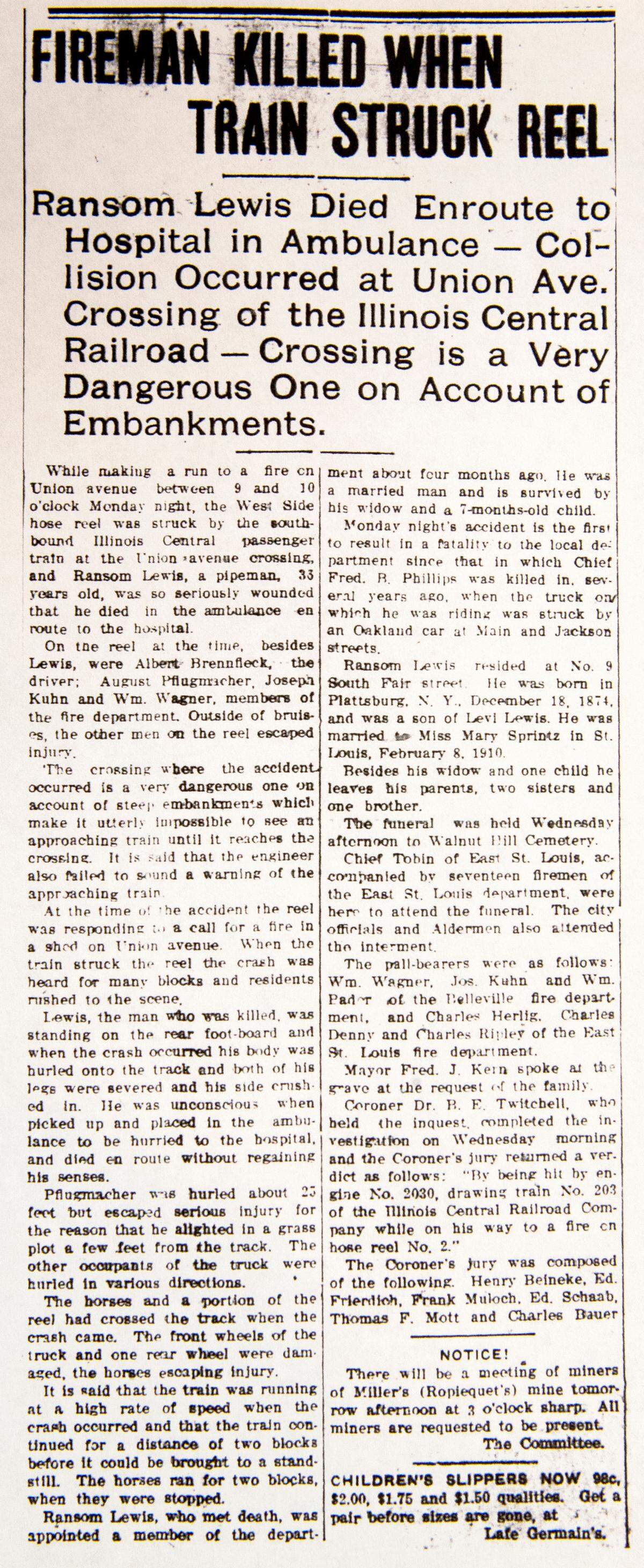 A July, 1911 article in the Belleville News-Democrat describes the incident that killed firefighter Ransom Lewis.