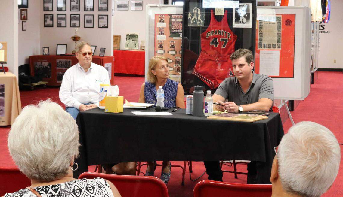 Randall Manoyan, right, and his mother, Christine Manoyan, join retired teacher and coach Babe Champion to answer questions during a meeting Saturday at the Granite City Sports Hall of Fame.