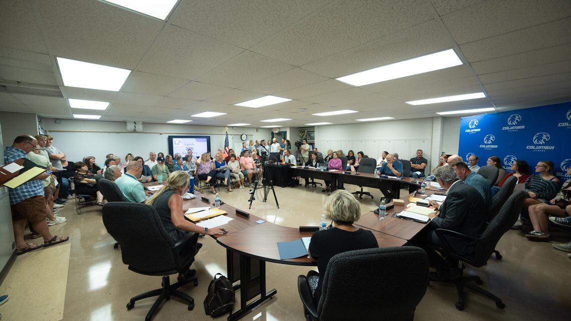 A packed room filled the Columbia school board meeting on Thursday, where roughly a dozen supporters came to speak on behalf of high school English teacher Mary Adams, who resigned after a social media post she allegedly made of a Charlie Kirk quote went public and she became victim of what some residents are calling a cyber bullying campaign.