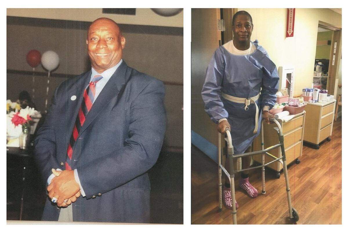Kevin Anderson lost about 70 pounds while fighting COVID-19. He weighed 270 at a 2018 fundraiser, left, and about 200 while learning to walk again in late April at Memorial Care Center in Belleville.