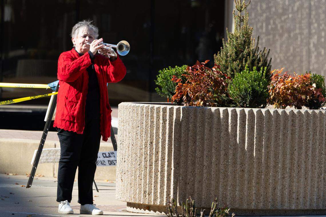 Bugler Rita Winkeler plays Taps while Belleville first responders perform colors during Belleville’s 26th annual Veterans Day ceremony on Nov. 11, 2024.