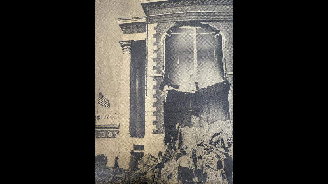 This is a photo published in the Belleville News-Democrat on May 10, 1972. It shows the debris from the first day of the demolition of the St. Clair Courthouse in downtown Belleville. The work was immediately halted for legal arguments from opponents of the demolition to be heard in court. The demolition of the then-111-year-old building resumed on June 1, 1972.