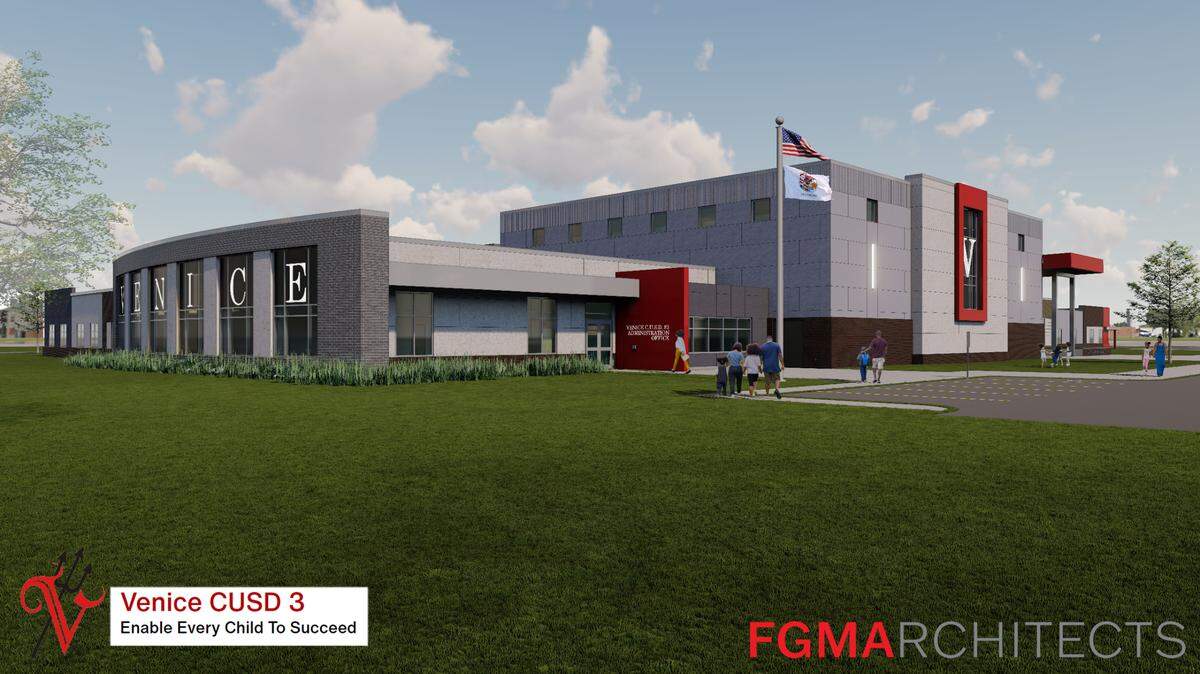 An exterior rendering of the new Venice Elementary School, which will open its doors to students in August 2025 at 700 Broadway in Venice, Ill.