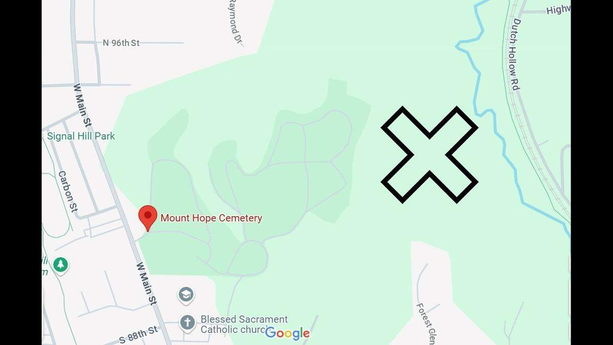 An X marks the site where a solar farm is planned, next to burial grounds at Mount Hope Cemetery in Belleville, left. Opponents object to the use of narrow, winding cemetery roads by construction and maintenance vehicles.