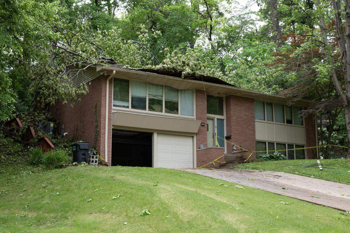 Outside of a home at 46 Smalling Court near the west side of Belleville, where heavy winds caused trees to topple over onto a home Monday night.