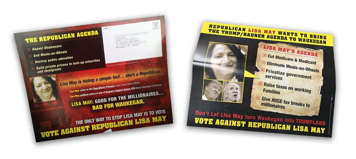 During Waukegan’s mayoral race in 2017, political mailers portrayed mayoral candidate Lisa May as a Republican, her picture alongside those of President Donald Trump and Bruce Rauner, the Republican governor at the time.