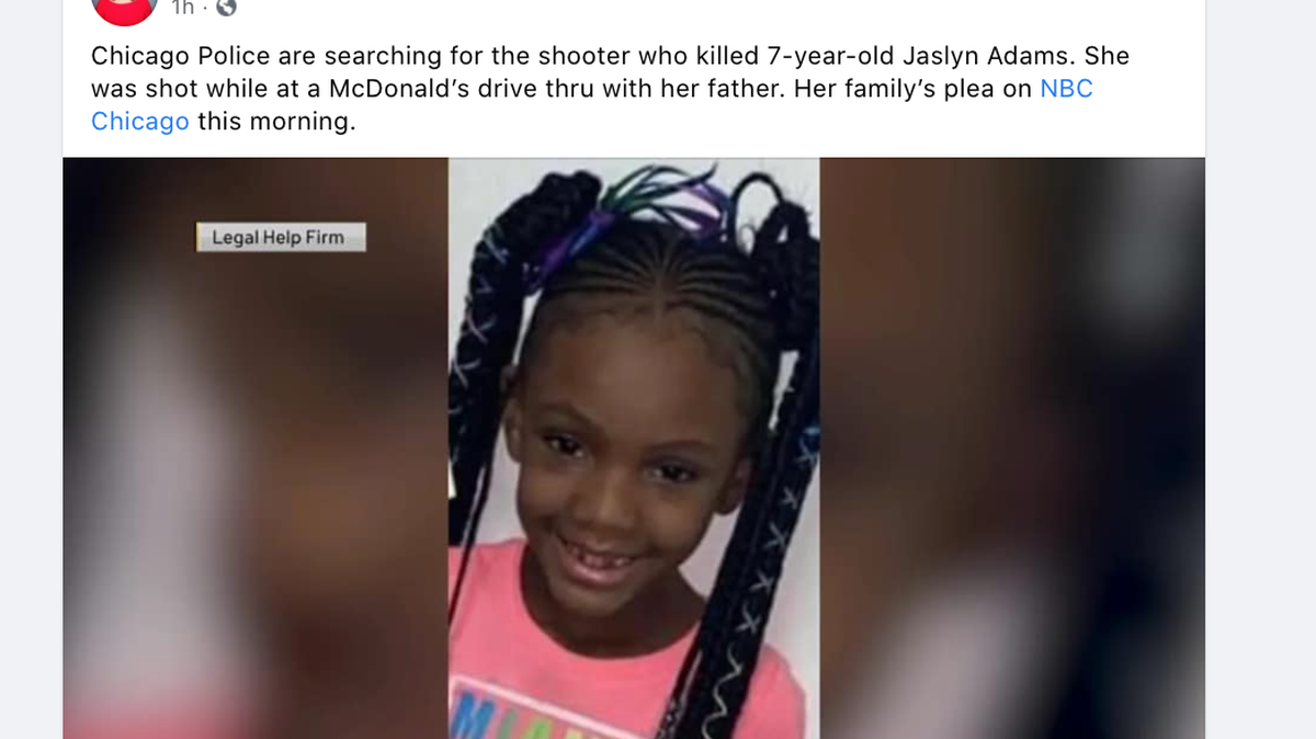 Jaslyn Adams, 7, was waiting in a Chicago McDonald’s drive-thru with her dad when gunmen opened fire on their car, police say. She was killed and her father was injured.