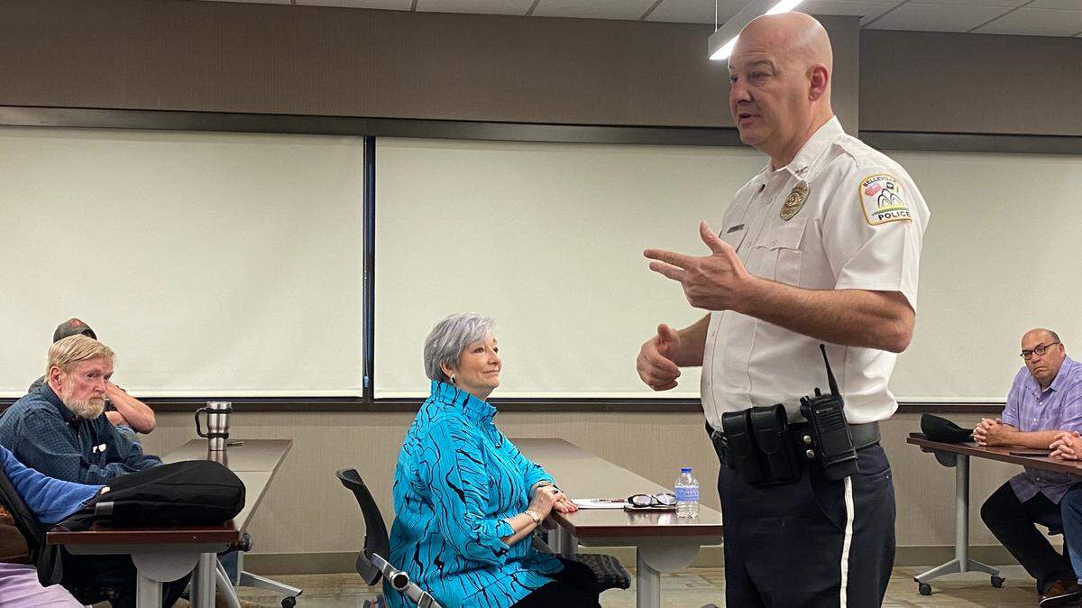 Belleville Police Chief Matt Eiskant speaks Wednesday during a meeting in the community room of the Belleville Police Department.