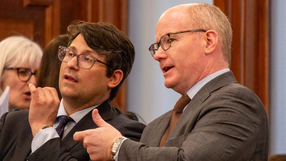 Senate President Don Harmon, D-Oak Park, right, said state lawmakers need more time to evaluate a U.S. Supreme Court ruling before proceeding with a constitutional amendment.