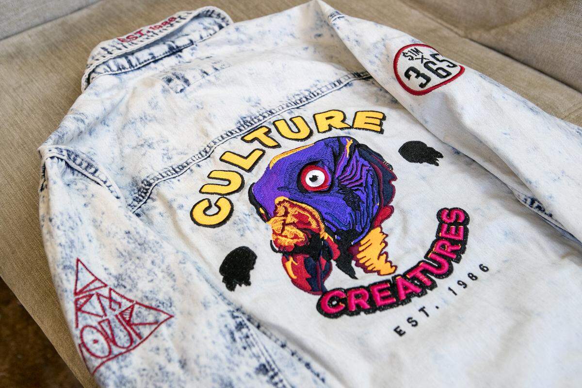 Fashion designer Tyrus Armour’s signature denim jacket with his Culture Creatures design.