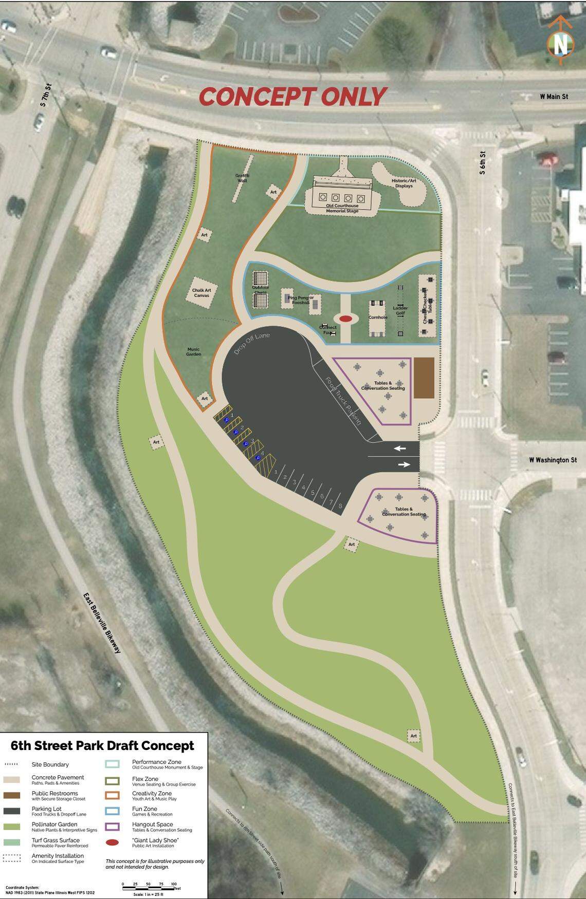 This is one of two conceptual renderings the city of Belleville received for a proposed park off the 600 block of West Main Street. The design calls for a stage featuring stone columns from the former St. Clair County Courthouse and space for social gatherings including outdoor chess, ping pong and cornhole.